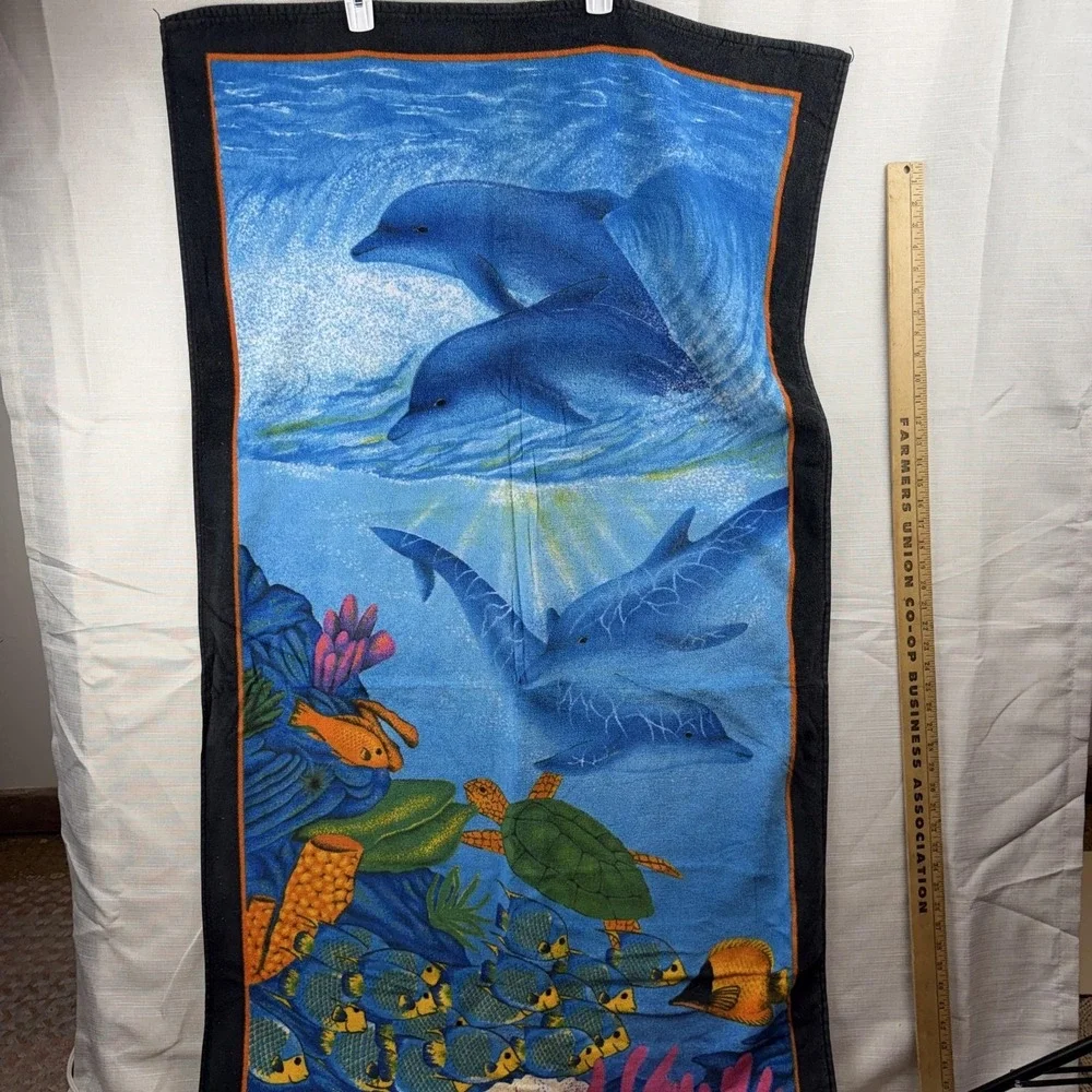 La Plage Impact Beach Towel Blue Dolphins Turtles Sea Life 30x60 Cotton Brazil